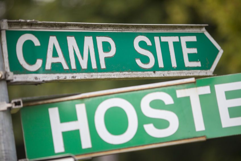 48005918 - color image of a camping and hostel indicator sign.