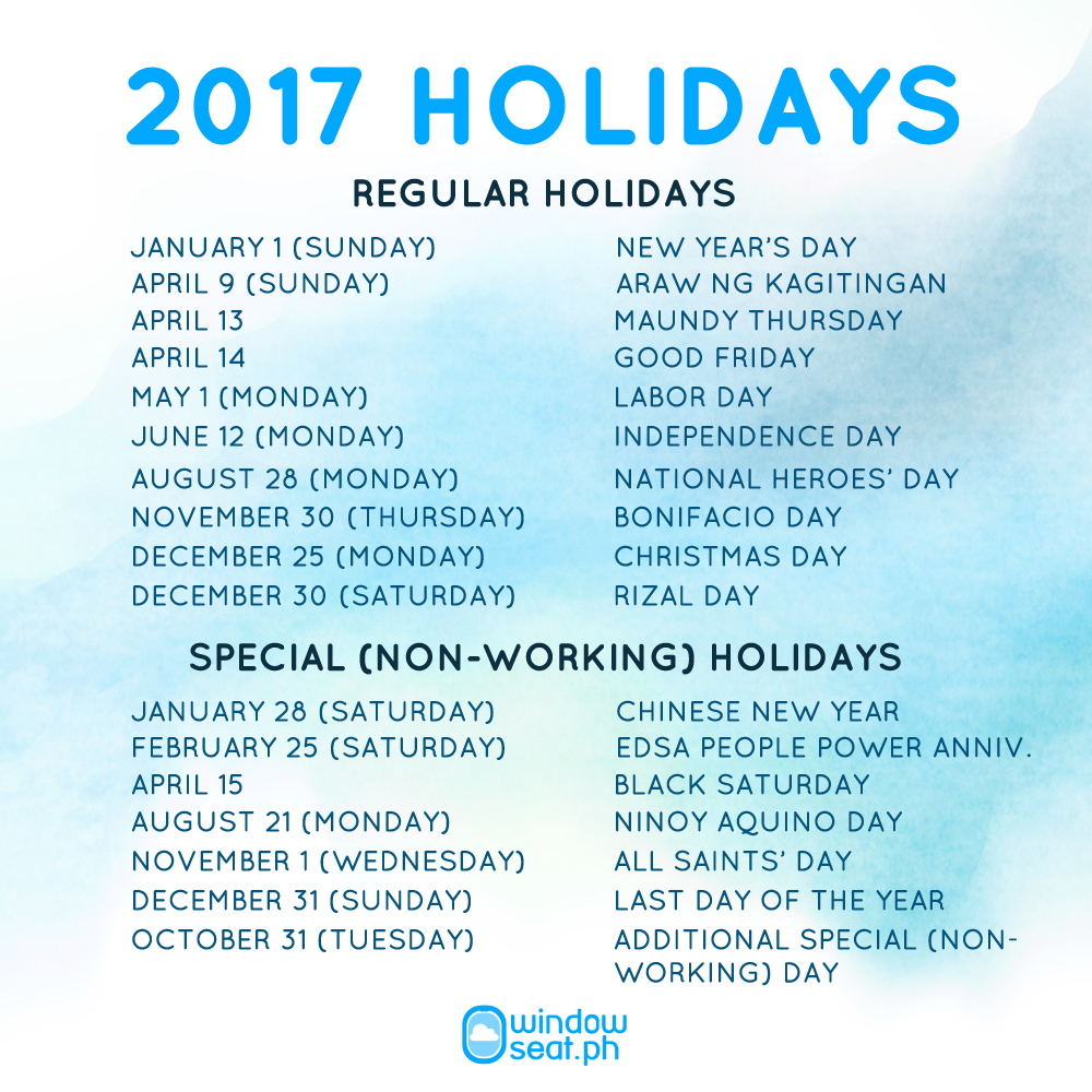 2017 Official Holidays WindowSeat