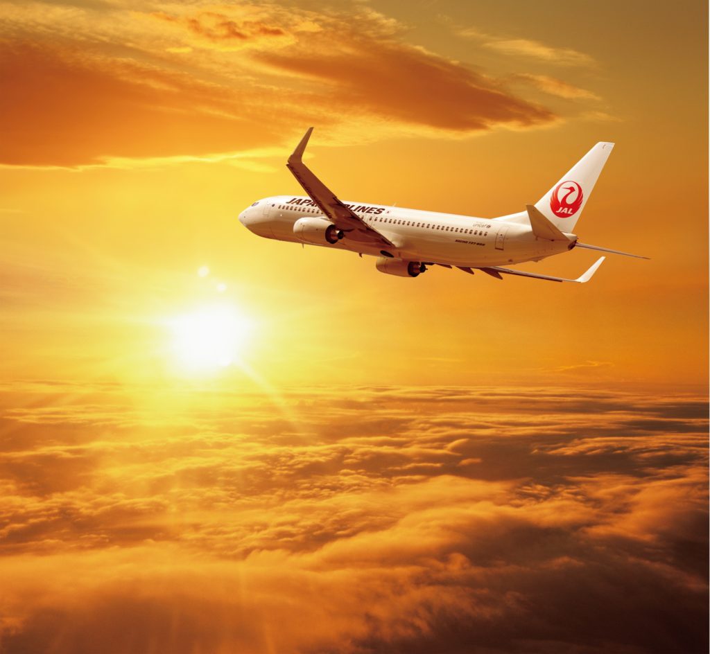 The flight arrive. JAL Express. Flight trip autumn.