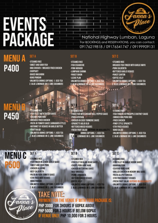 Jannas Place Events Package Menu